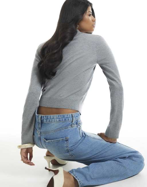 River Island Knit shoulder pad polo top in grey, 4 of 4