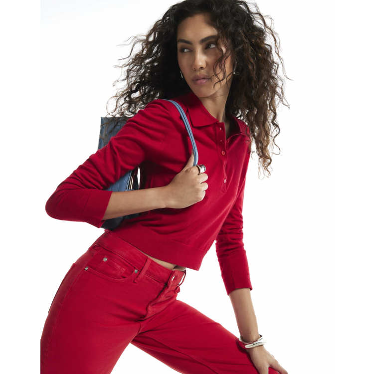 River Island Knit shoulder pad polo top in red | ASOS