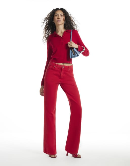 River Island Knit shoulder pad polo top in red, 3 of 4