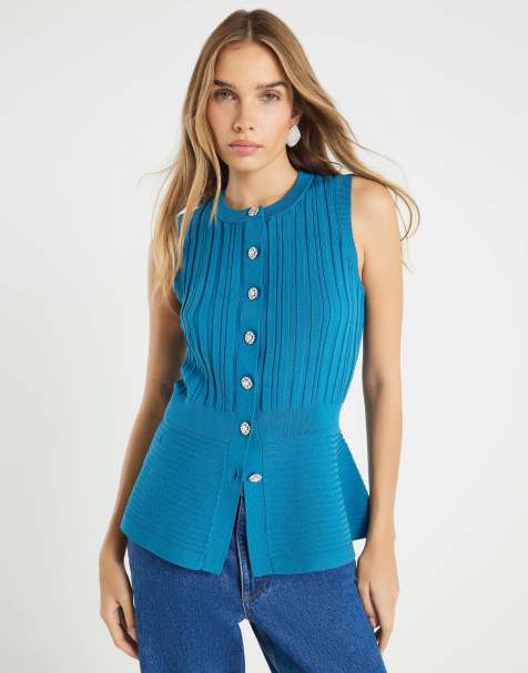 River Island Knit sleeveless ribbed peplum top in blue - medium - view 1