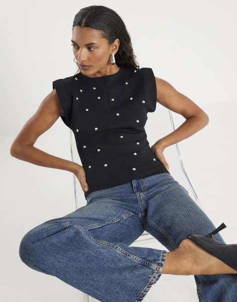 River Island Knit sleeveless studded fitted top in black - view 1
