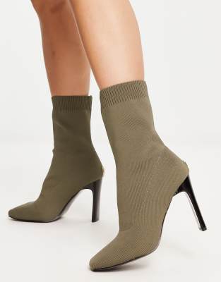 River Island Knit Sock Boots In Khaki-green