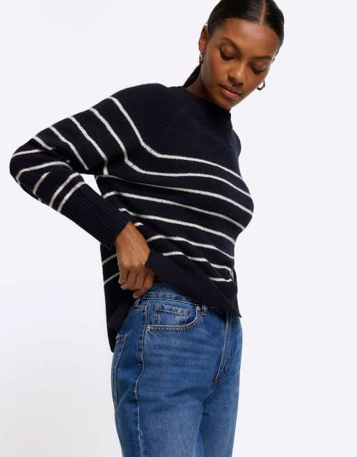 River Island Knit stripe oversized jumper in navy