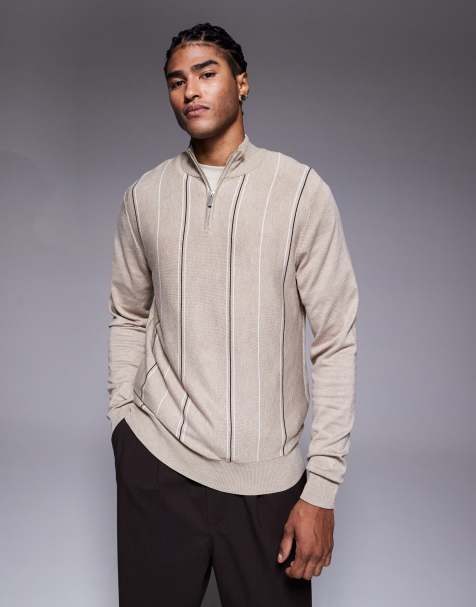 River Island knit striped half zip sweater in stone - view 1