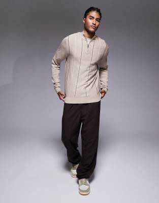 River Island Knit Striped Half Zip Sweater In Gray