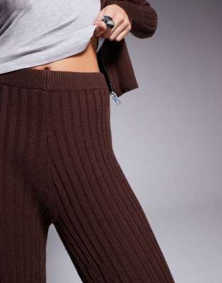 River Island Knit Wide Leg Cable Knit Pants In Brown
