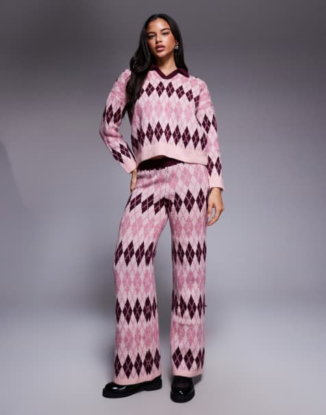 River Island knitted argyle print trouser co-ord in pink - view 1