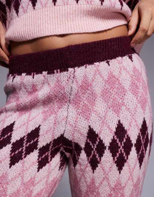 River Island knitted argyle print trouser co-ord in pink, 3 of 5