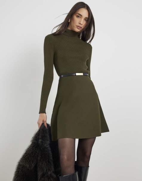 River Island Knitted belted mini dress in green - dark