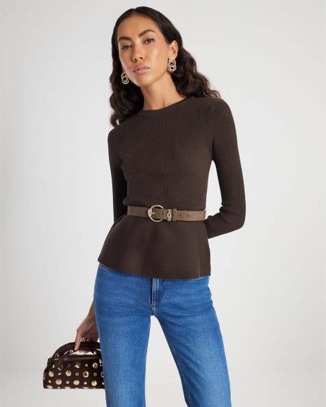 River Island Knitted belted peplum top in brown - dark - view 1