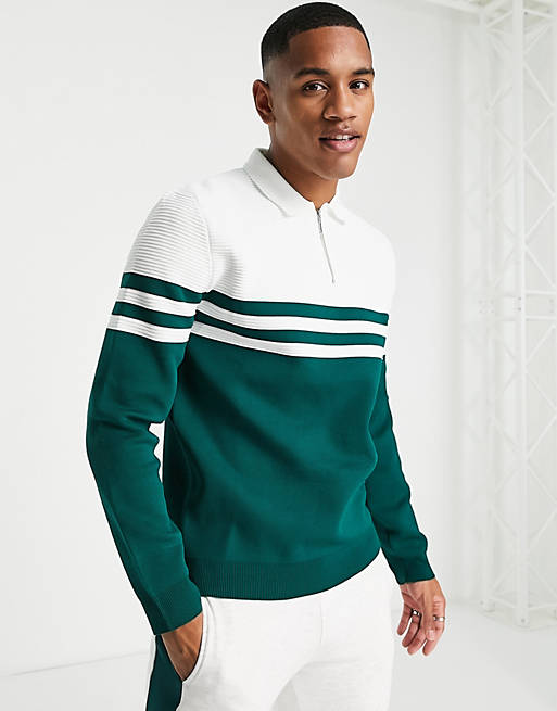 Polo shirts River Island knitted blocked ottoman polo in green 