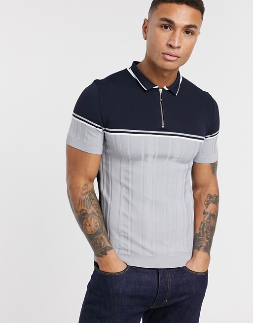 River Island knitted blocked polo in grey