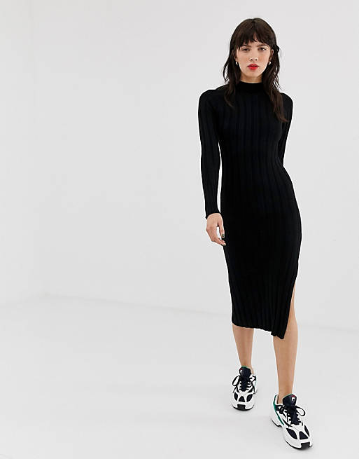 River Island knitted bodycon dress with high neck in black | ASOS