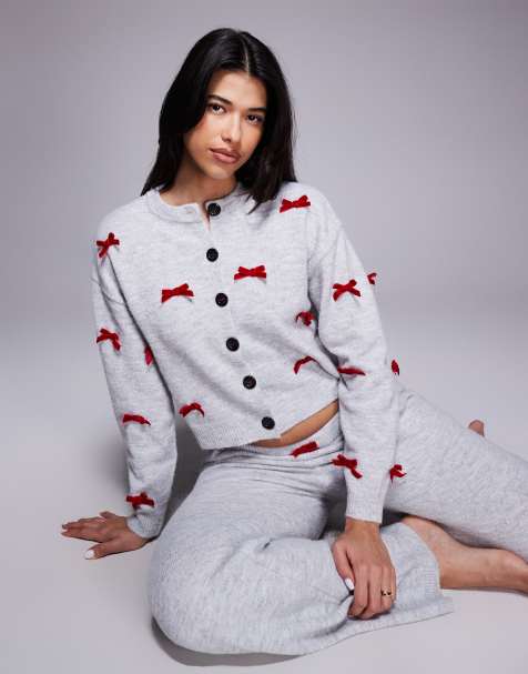 River Island knitted bow detail cardigan and trouser set in grey - view 1