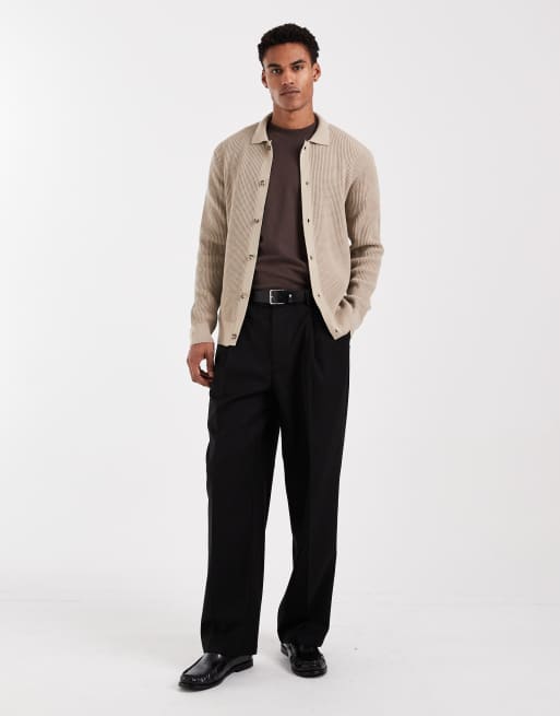 River Island knitted button up jumper in medium stone, 2 of 5