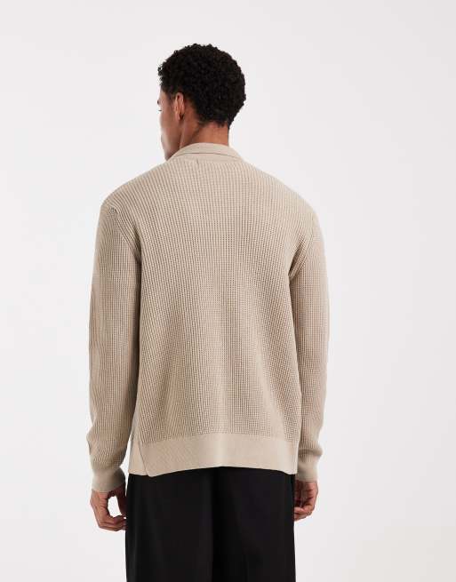 River Island knitted button up jumper in medium stone, 3 of 5