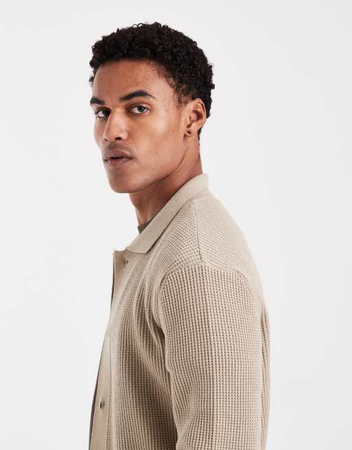 River Island knitted button up jumper in medium stone, 4 of 5