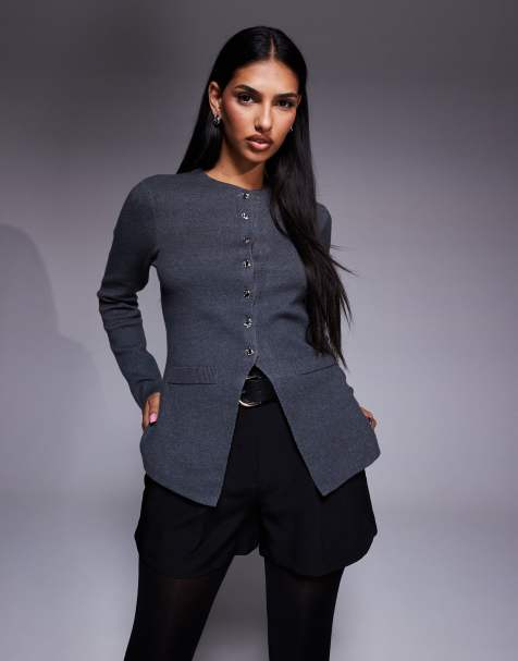 River Island knitted button up top in dark grey - view 1