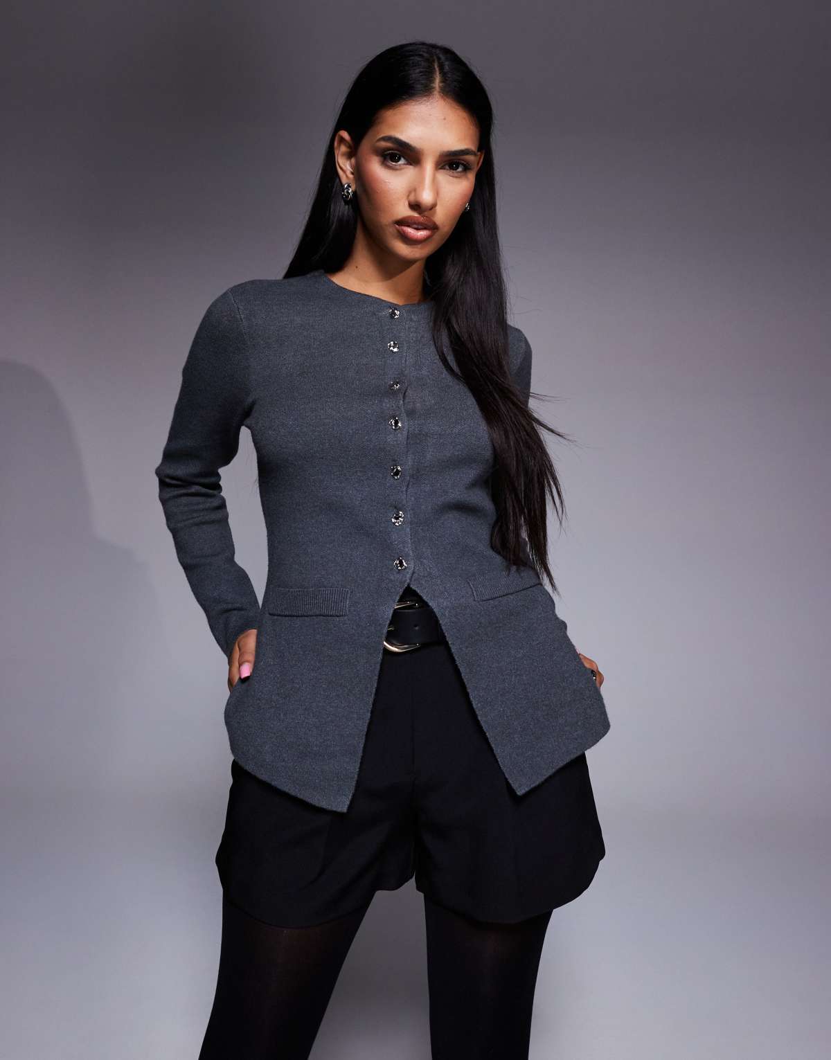 River Island knitted button up top in dark grey