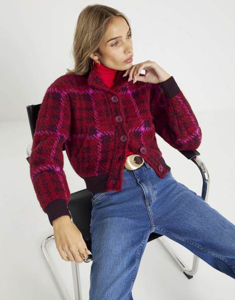 River Island Knitted check bomber jacket in red - view 1