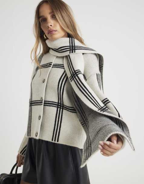 River Island Knitted check print wrap scarf cardigan in grey - light - view 1