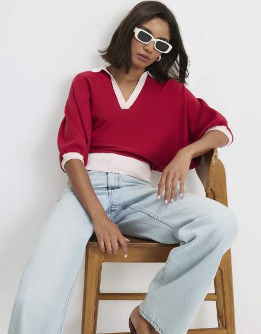 River Island Knitted colour block slouch polo top in red, 2 of 4