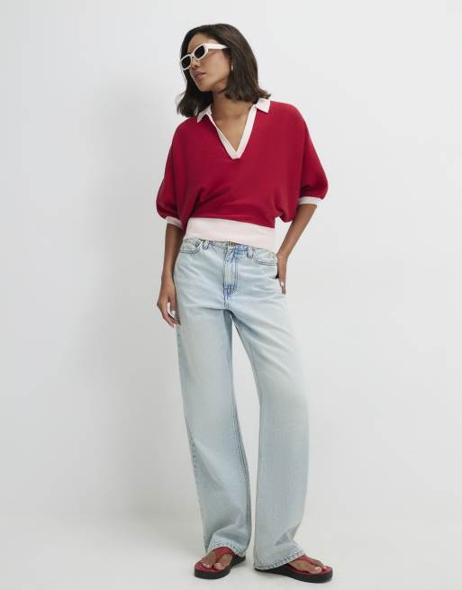 River Island Knitted colour block slouch polo top in red, 3 of 4