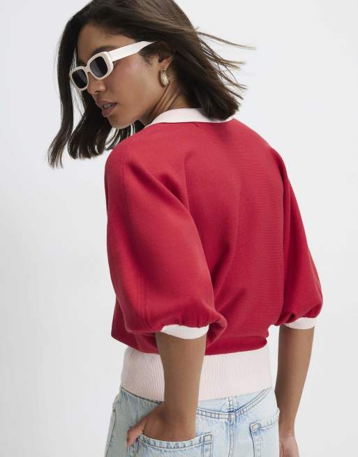 River Island Knitted colour block slouch polo top in red, 4 of 4