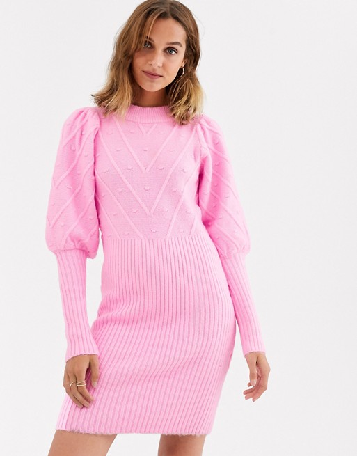 River Island knitted dress with puff sleeves and stitch detail in pink