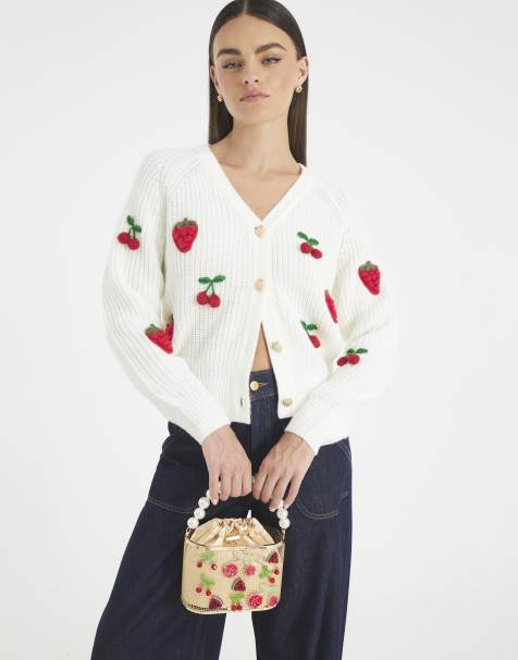 River Island Knitted embroidered strawberry cardigan in cream - view 1