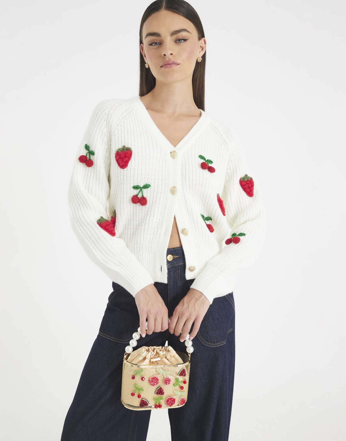 River Island Knitted embroidered strawberry cardigan in cream