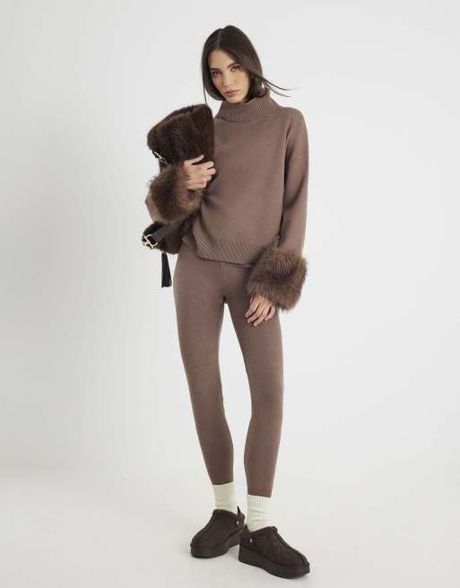 River Island Knitted faux fur cuff jumper in brown - light, 2 of 4