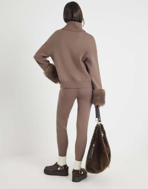 River Island Knitted faux fur cuff jumper in brown - light, 3 of 4