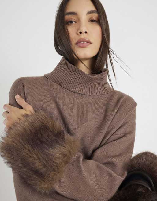 River Island Knitted faux fur cuff jumper in brown - light, 4 of 4