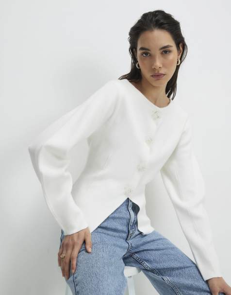 River Island Knitted floral button cardigan in white - view 1