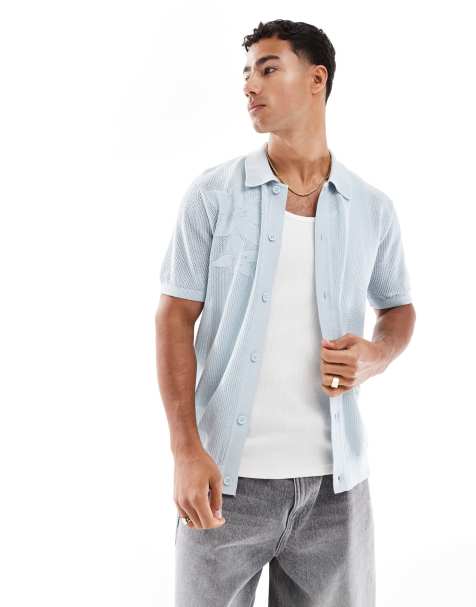 River Island knitted floral shirt in light blue - view 1