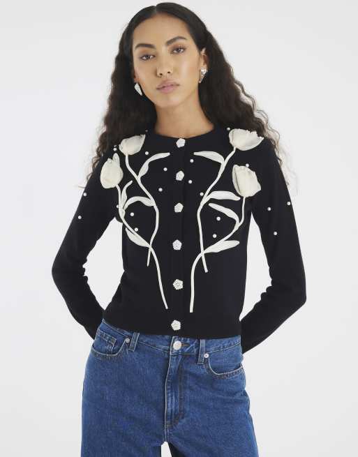 River Island Knitted flower cardigan in black