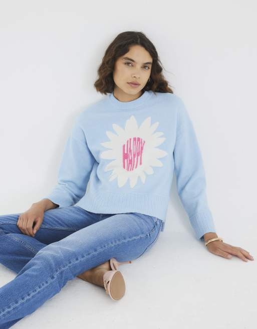 River Island Knitted flower graphic crew neck jumper in blue - light