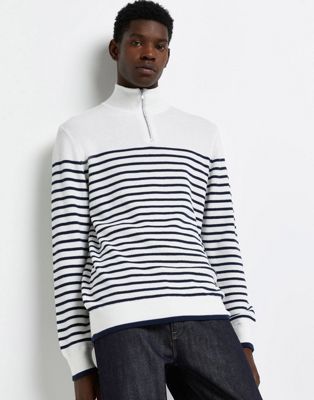 River Island knitted half zip stripe jumper in white & navy