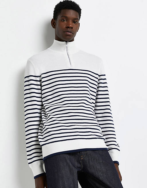 River Island knitted half zip stripe jumper in white & navy | ASOS