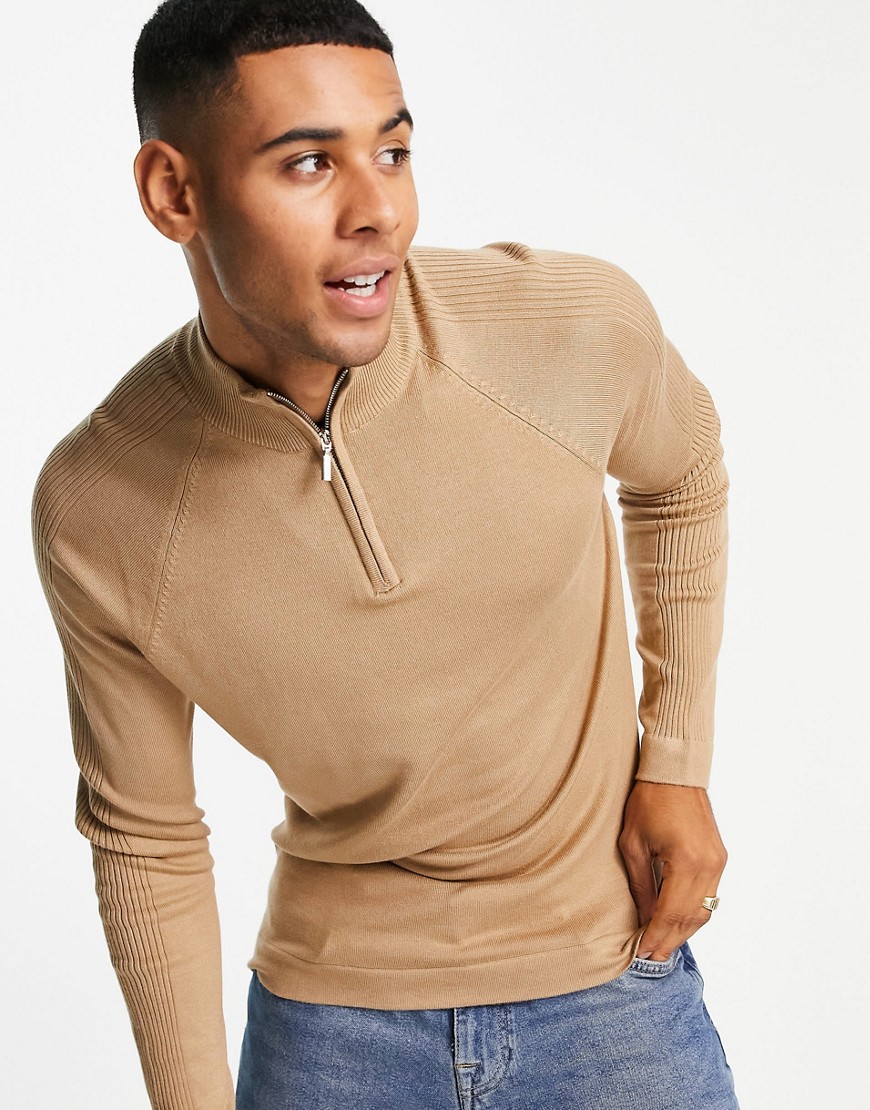 RIVER ISLAND KNITTED HALF ZIP SWEATER IN STONE-NEUTRAL,392391