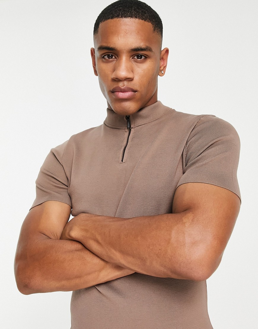 River Island knitted half zip t-shirt in brown