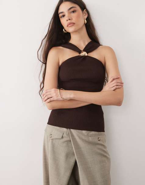 River Island knitted halterneck brooch top in dark brown - view 1