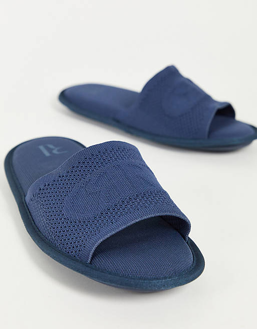 River Island knitted logo slippers in blue