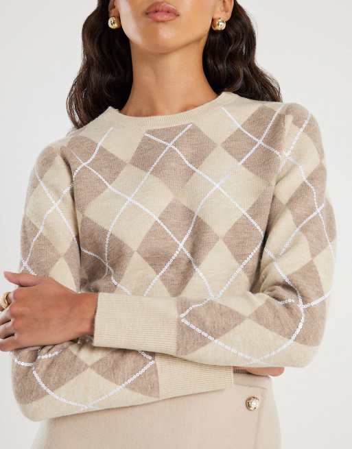 River Island Knitted long sleeve argyle print top in beige - light