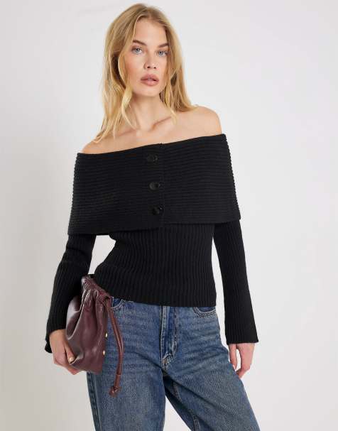 River Island Knitted long sleeve bardot jumper in black - view 1