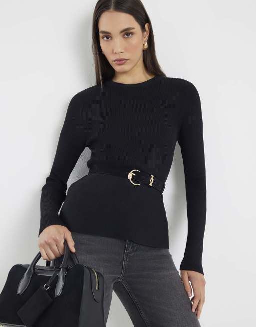 River Island Knitted long sleeve belted peplum top in black
