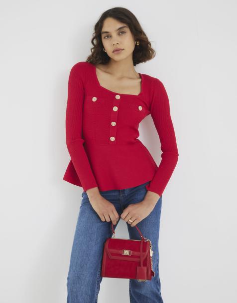River Island Knitted long sleeve peplum top in red - view 1