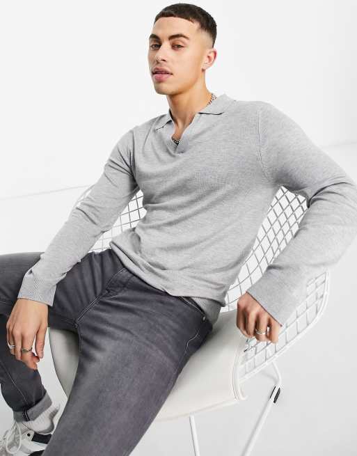 River Island knitted long sleeve polo in gray