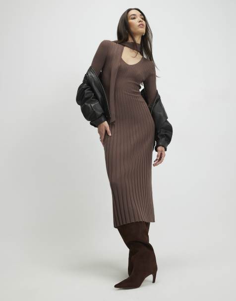 River Island Knitted long sleeve tie neck midi dress in brown